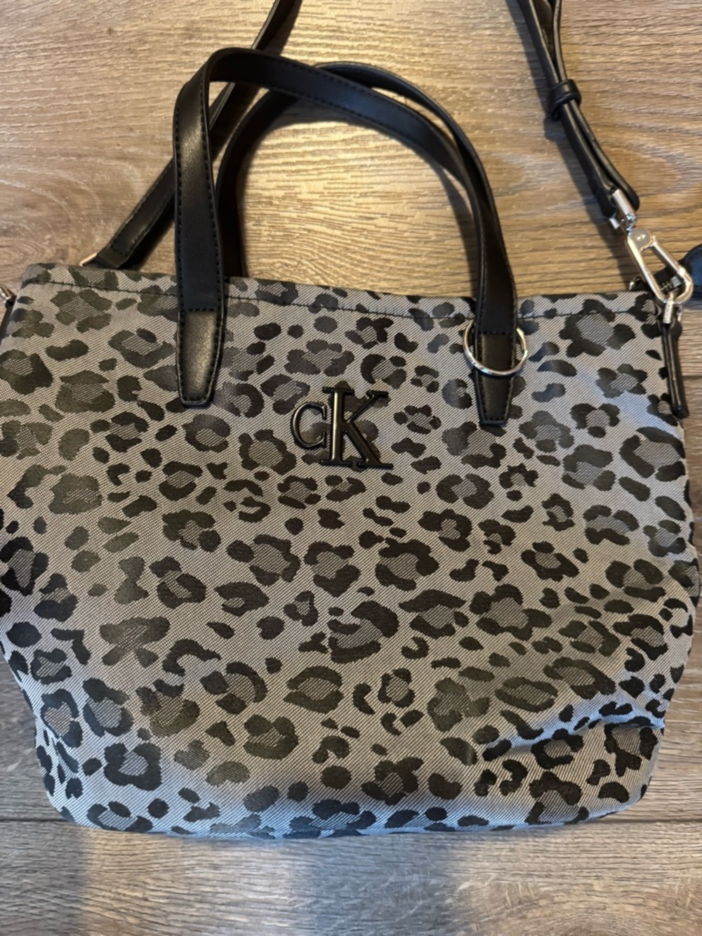 Calvin Klein Leopard Jacquard Crossbody Purse Black and Gray EUC
